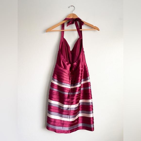 BCBGMAXAZRIA Satin Tiered Halter Y2K Mini Bodycon Backless Shutter Pleatef Dress - Picture 9 of 11